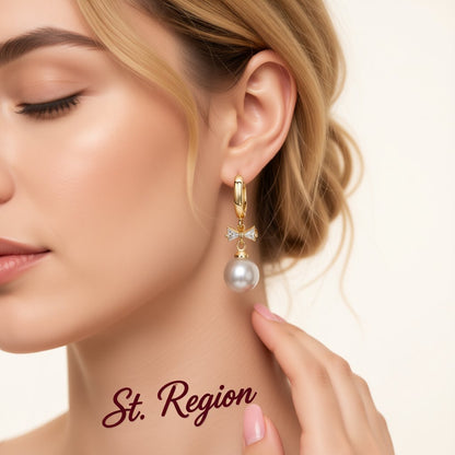Crystal and Pearl 18K Gold-Plated Bow Huggie Earrings, gold huggie earrings, everyday style, styled look