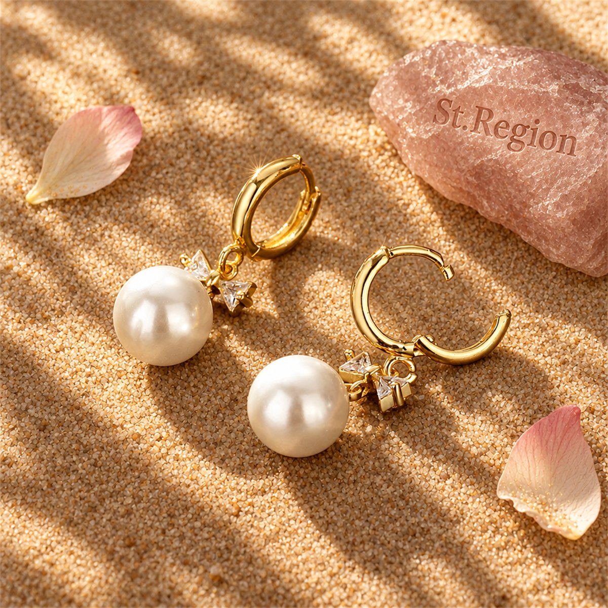 Crystal and Pearl 18K Gold-Plated Bow Huggie Earrings, gold huggie earrings, everyday style, detail close-up