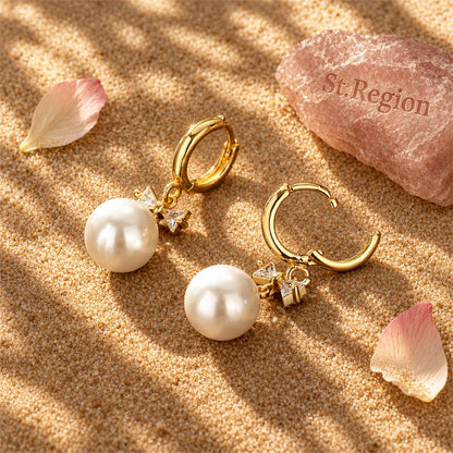 Crystal and Pearl 18K Gold-Plated Bow Huggie Earrings, gold huggie earrings, everyday style, detail close-up