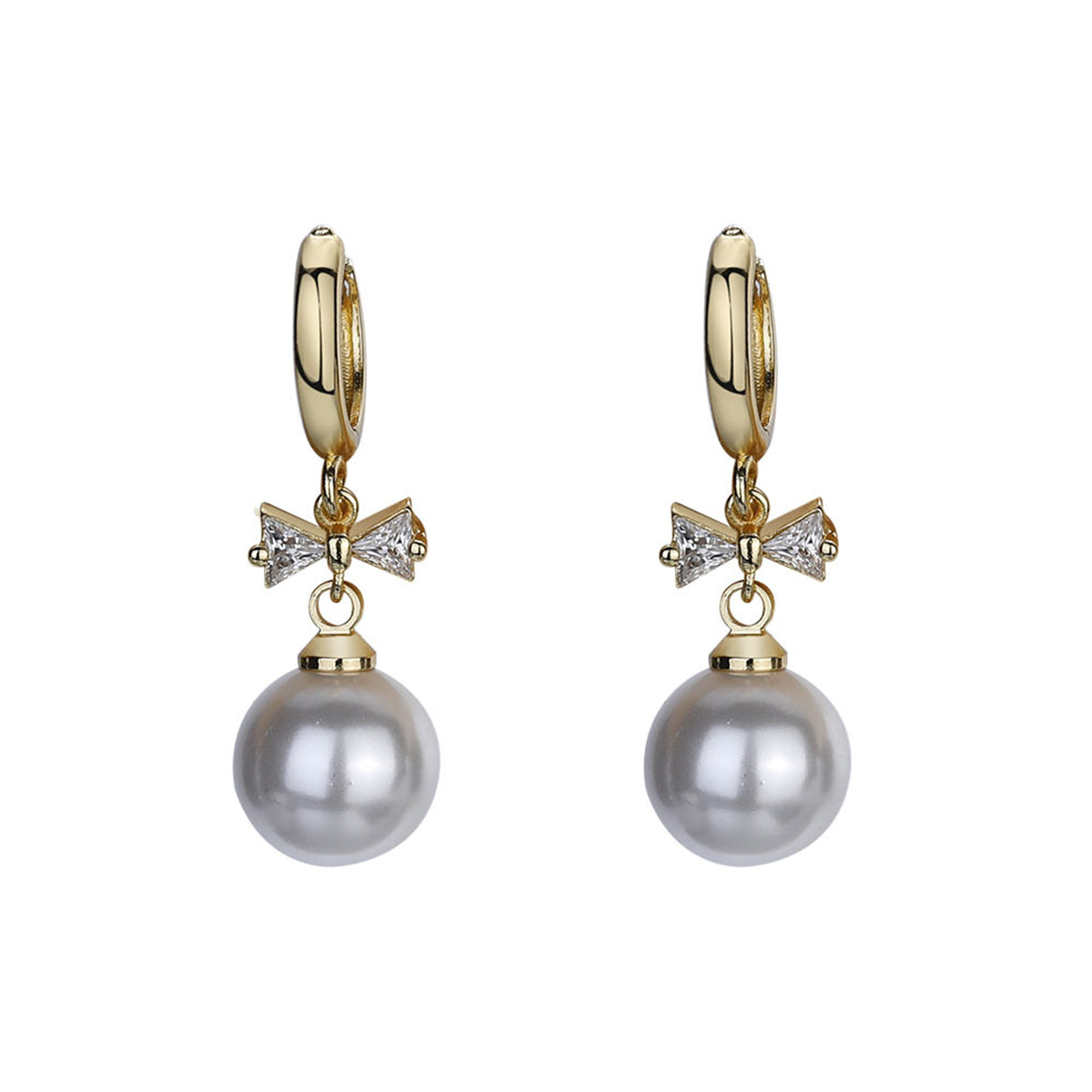 Crystal and Pearl 18K Gold-Plated Bow Huggie Earrings, gold huggie earrings, everyday style, side view