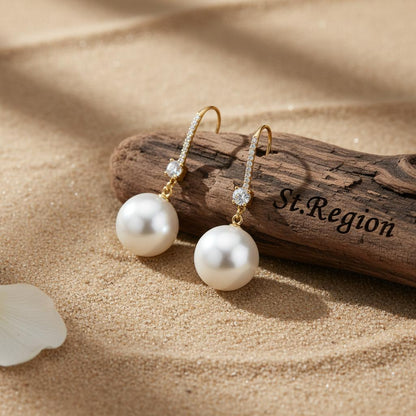 Cubic Zirconia and Pearl 18K Gold-Plated Dangle Drop Earrings, gold drop earrings for women, elegant gift for her, front view
