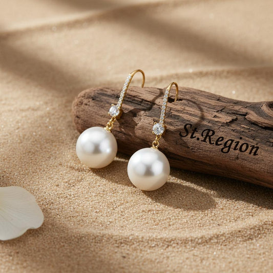Cubic Zirconia and Pearl 18K Gold-Plated Dangle Drop Earrings, gold drop earrings for women, elegant gift for her, front view