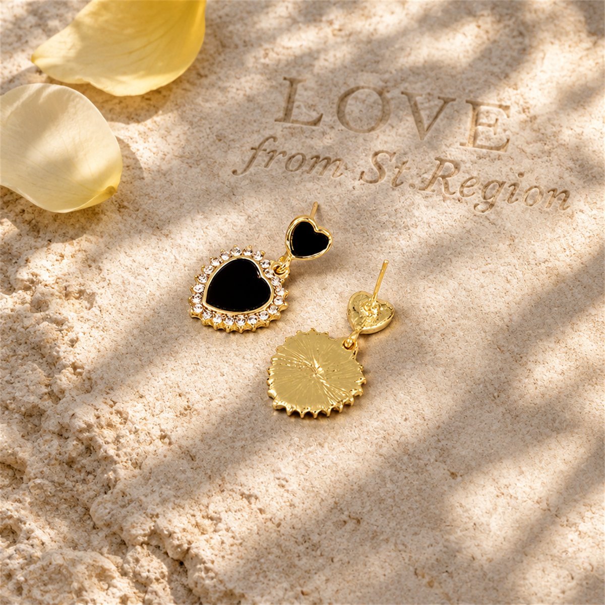 Cubic Zirconia and Black Acrylic Double Heart Drop Earrings, drop earrings for women, vintage-inspired design, lifestyle look