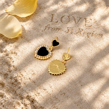 Cubic Zirconia and Black Acrylic Double Heart Drop Earrings, drop earrings for women, vintage-inspired design, lifestyle look