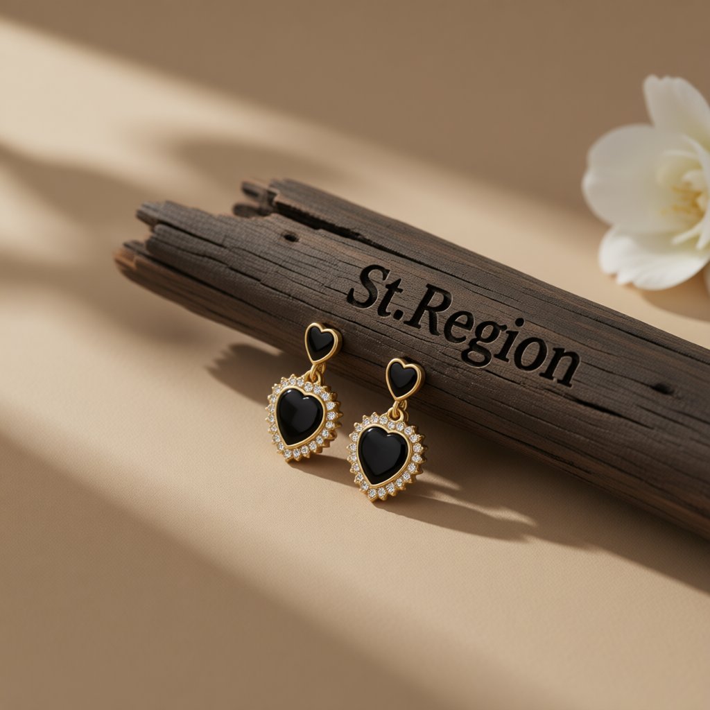 Cubic Zirconia and Black Acrylic Double Heart Drop Earrings, drop earrings for women, vintage-inspired design, front view