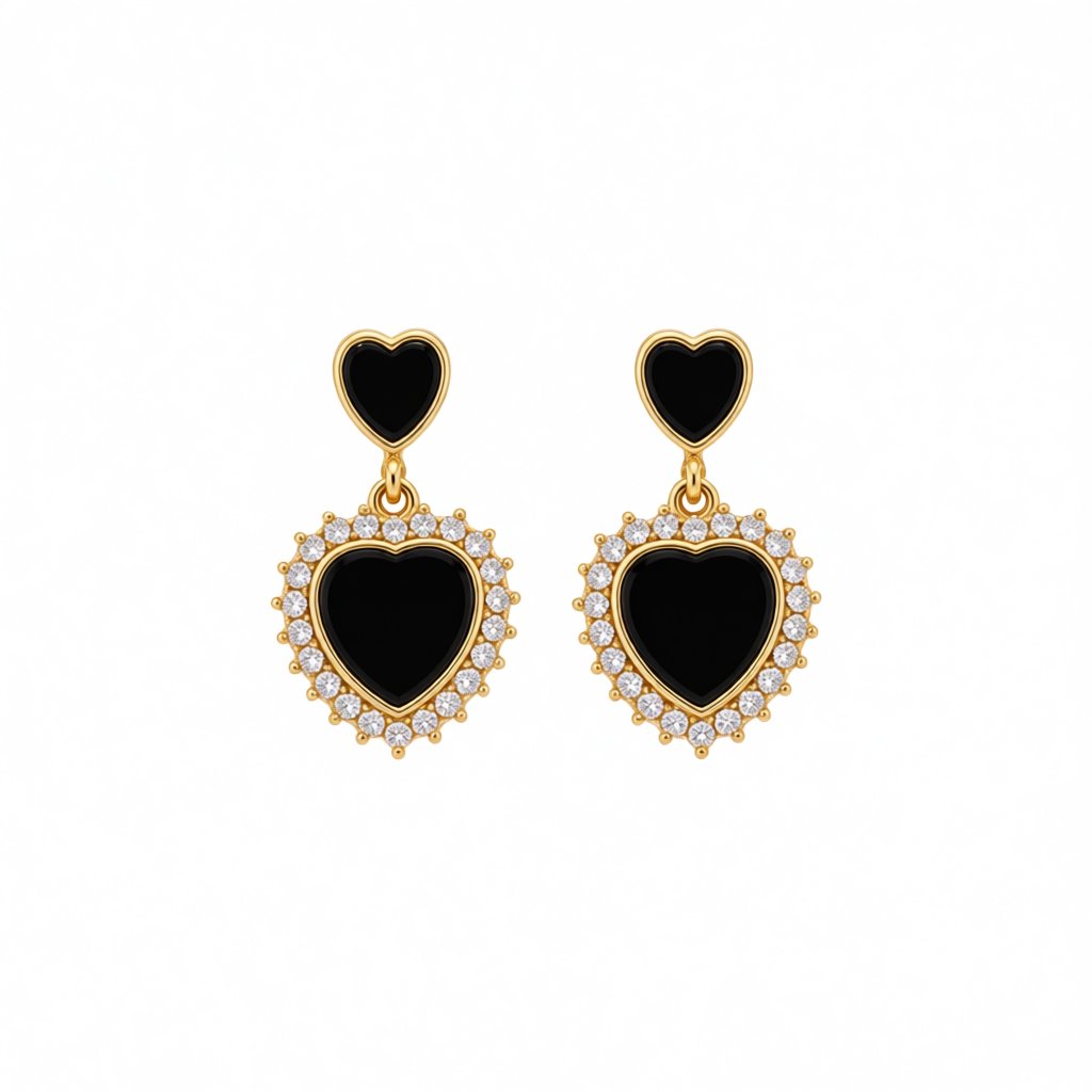 Cubic Zirconia and Black Acrylic Double Heart Drop Earrings, drop earrings for women, vintage-inspired design, side view