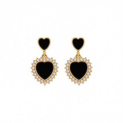 Cubic Zirconia and Black Acrylic Double Heart Drop Earrings, drop earrings for women, vintage-inspired design, side view