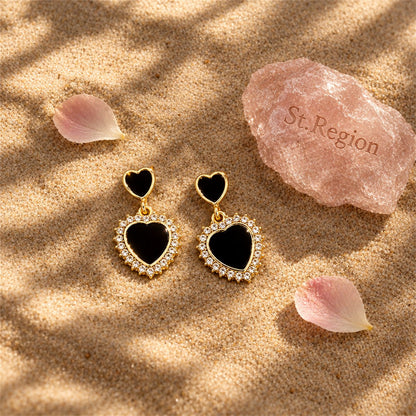Cubic Zirconia and Black Acrylic Double Heart Drop Earrings, drop earrings for women, detail close-up