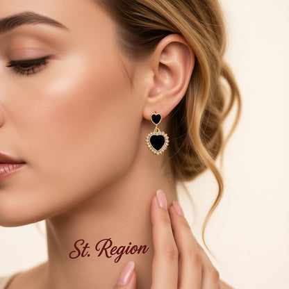 Cubic Zirconia and Black Acrylic Double Heart Drop Earrings, drop earrings for women, vintage-inspired design, styled look