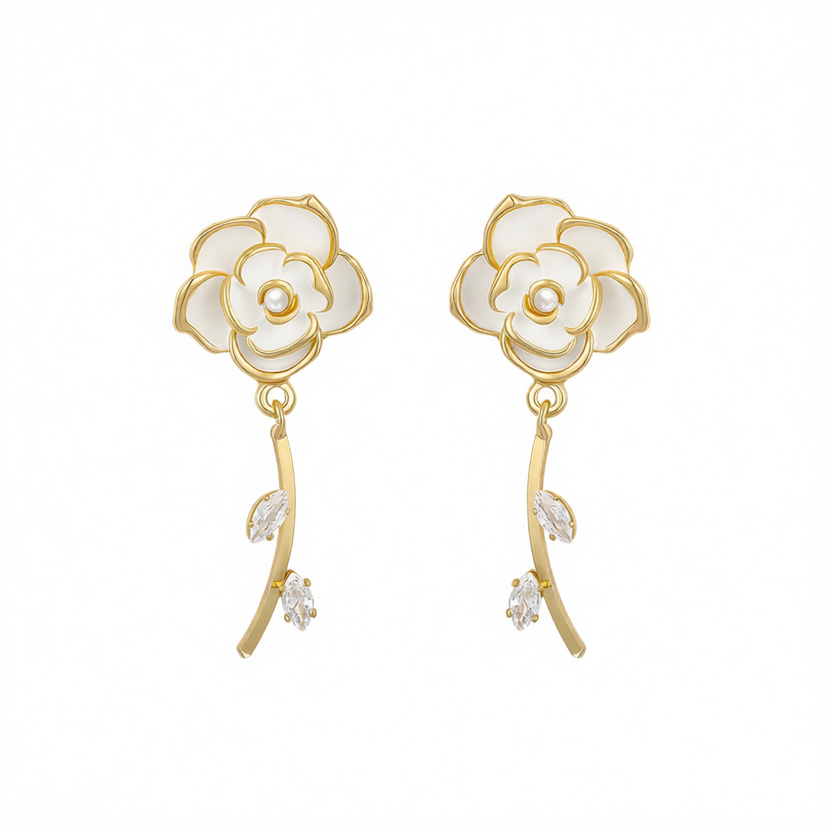 White Enamel & Cubic Zirconia 18K Gold-Plated Floral Drop Earrings