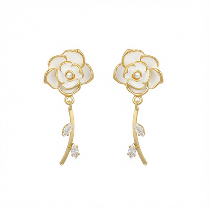 White Enamel & Cubic Zirconia 18K Gold-Plated Floral Drop Earrings