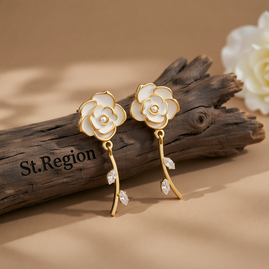 White Enamel & Cubic Zirconia 18K Gold-Plated Floral Drop Earrings