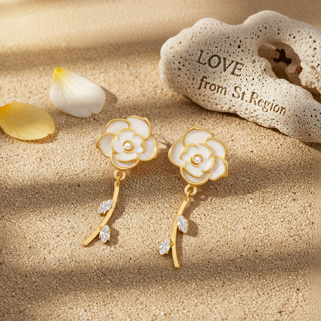 White Enamel & Cubic Zirconia 18K Gold-Plated Floral Drop Earrings