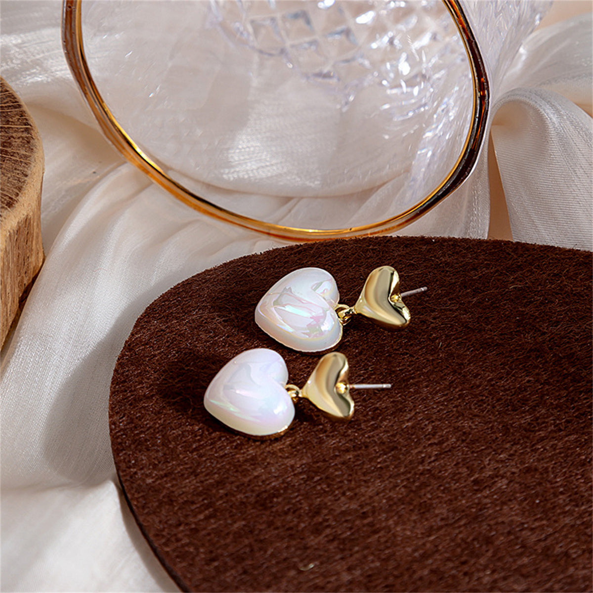 Pearl and 18K Gold-Plated Heart Drop Earrings, gold drop earrings for women, dainty minimalist design, front view