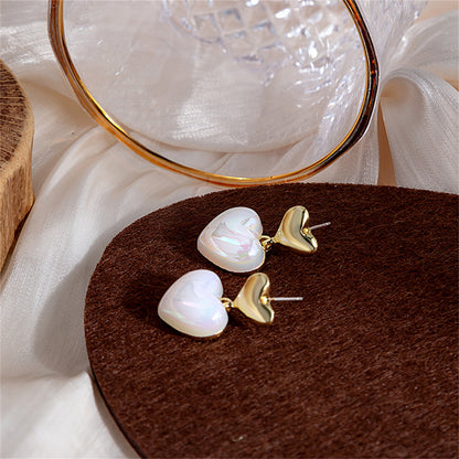 Pearl and 18K Gold-Plated Heart Drop Earrings, gold drop earrings for women, dainty minimalist design, front view