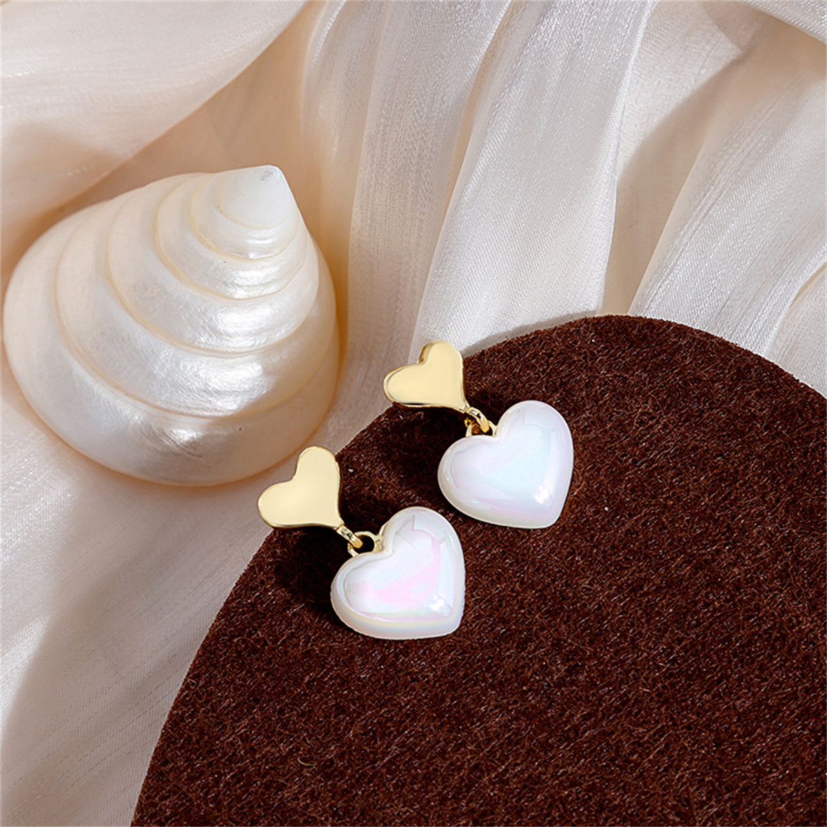 Pearl and 18K Gold-Plated Heart Drop Earrings, gold drop earrings for women, dainty minimalist design, side view