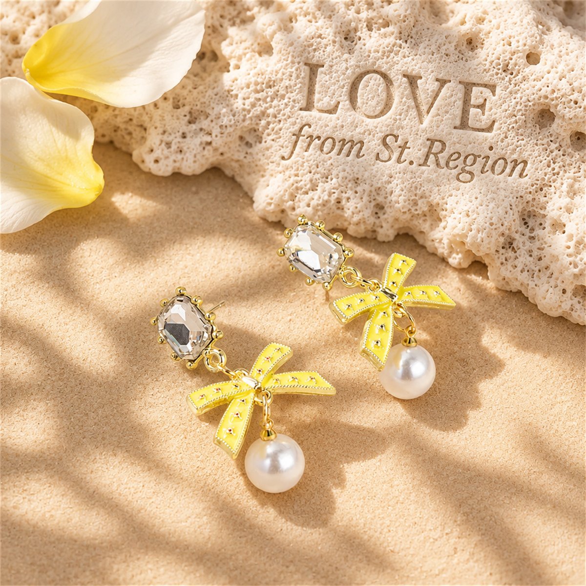 Crystal and Yellow Enamel Pearl 18K Gold-Plated Bow Drop Earrings, gold drop earrings for women, lifestyle look