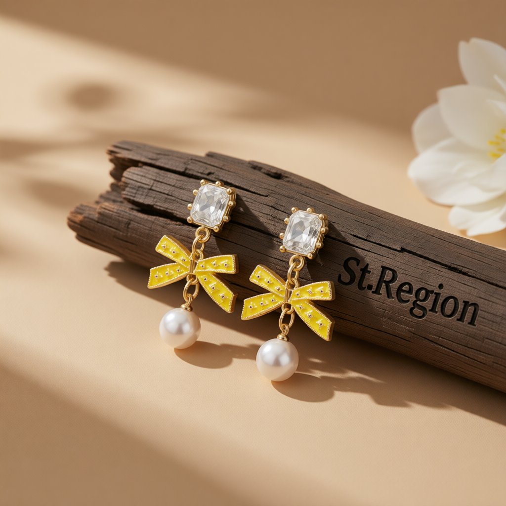Crystal and Yellow Enamel Pearl 18K Gold-Plated Bow Drop Earrings, gold drop earrings for women, front view