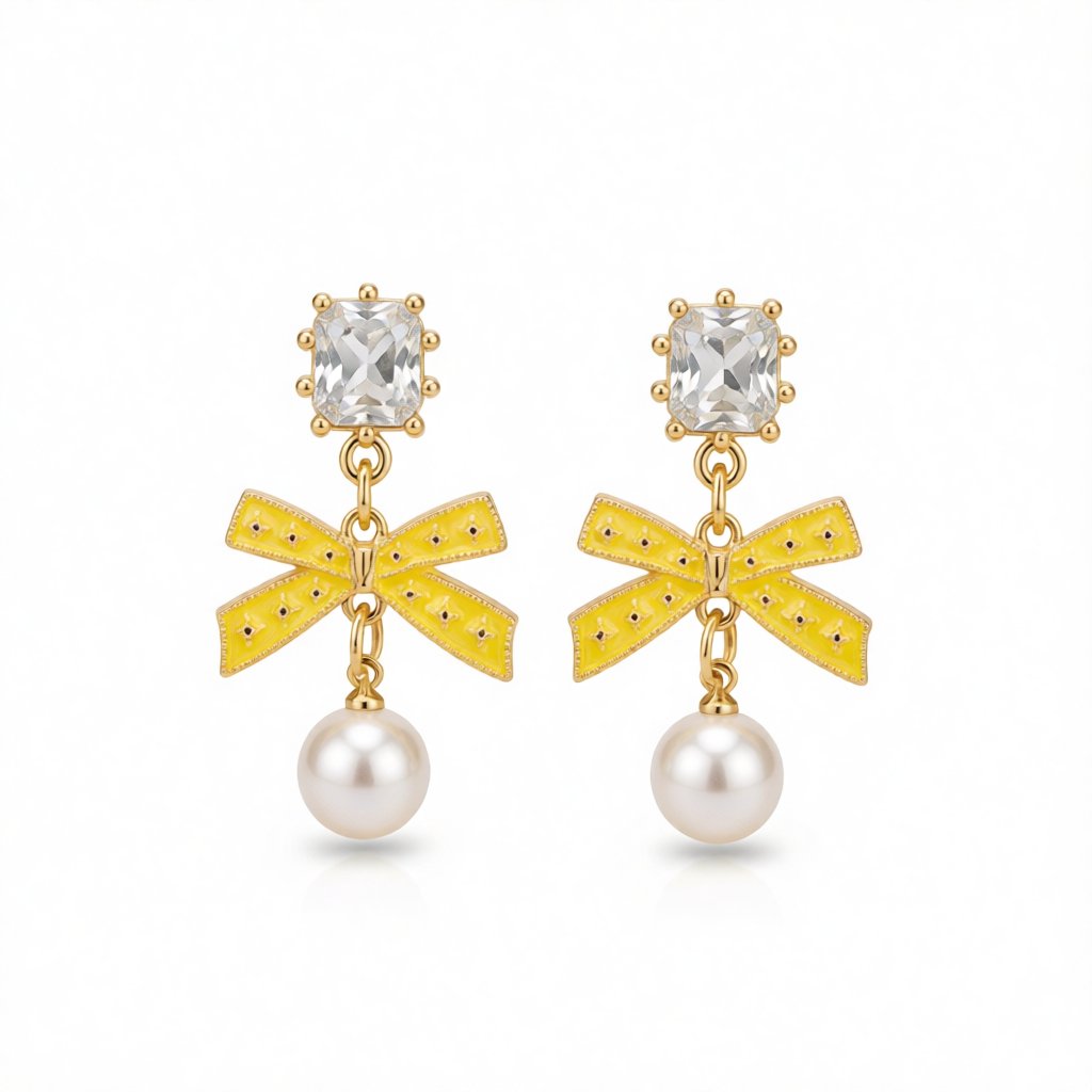 Crystal and Yellow Enamel Pearl 18K Gold-Plated Bow Drop Earrings, gold drop earrings for women, side view