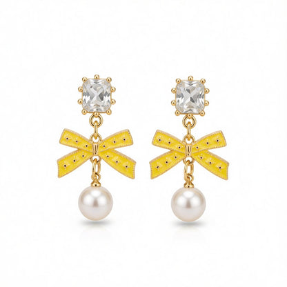 Crystal and Yellow Enamel Pearl 18K Gold-Plated Bow Drop Earrings, gold drop earrings for women, side view
