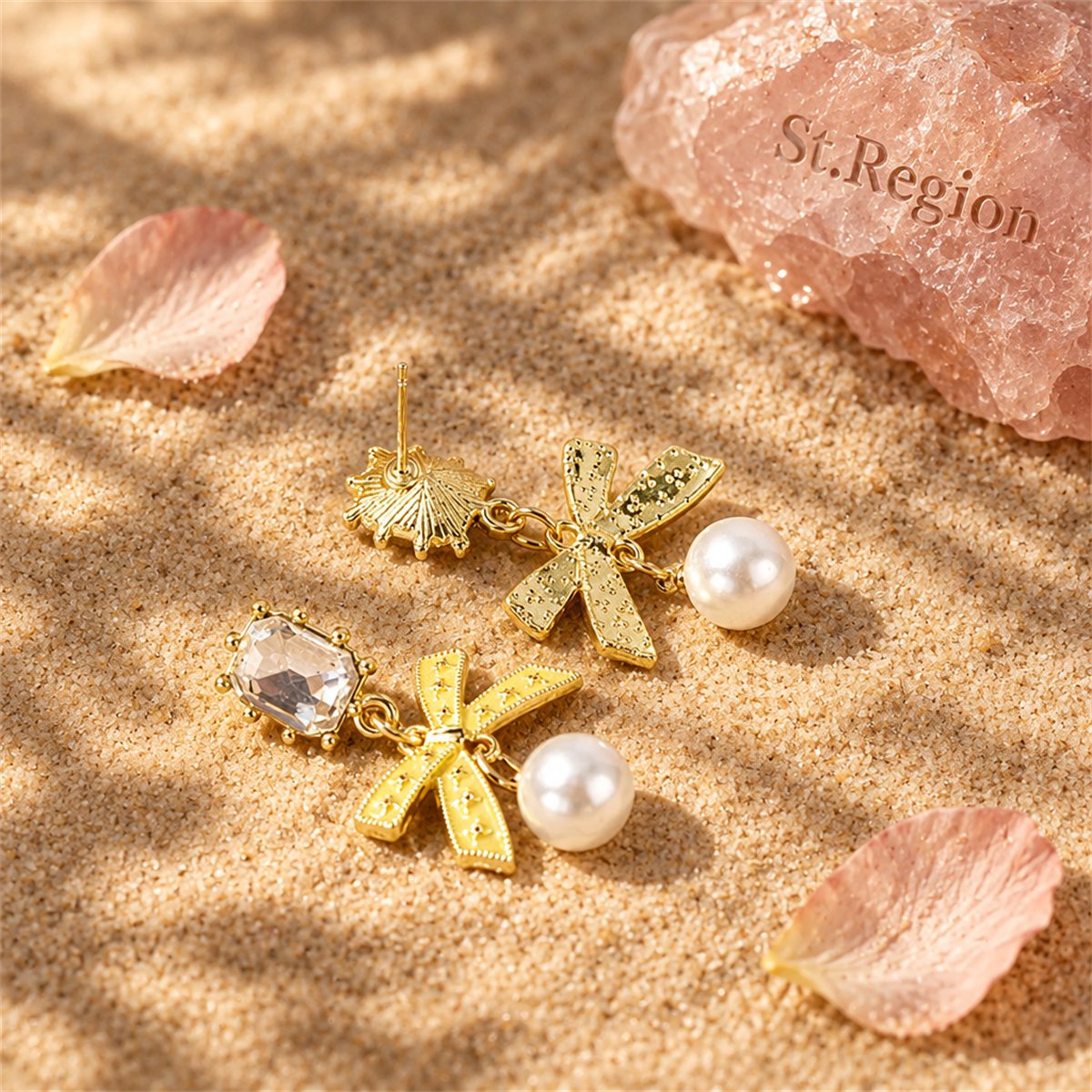 Crystal and Yellow Enamel Pearl 18K Gold-Plated Bow Drop Earrings, gold drop earrings for women, detail close-up