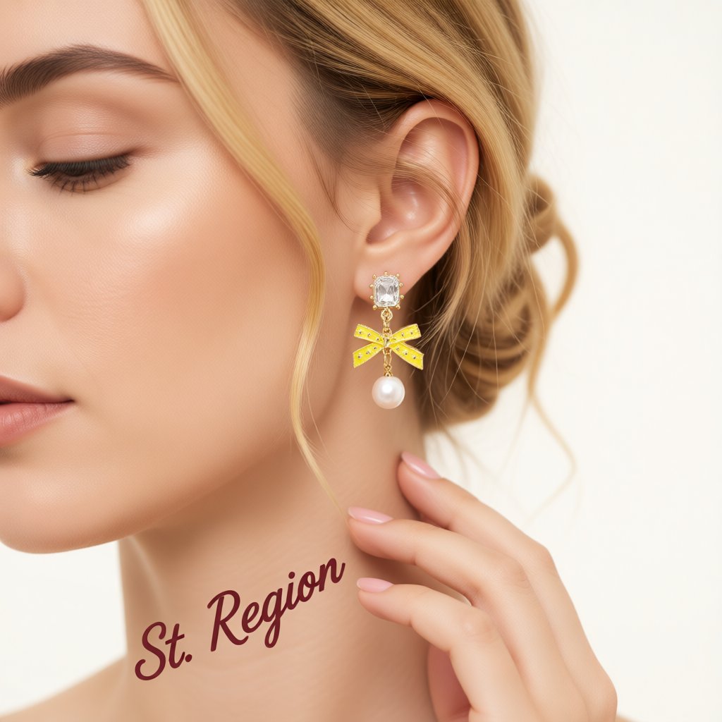 Crystal and Yellow Enamel Pearl 18K Gold-Plated Bow Drop Earrings, gold drop earrings for women, styled look