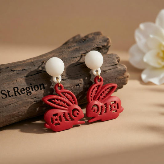 Red Enamel & Silver-Plated Abstract Rabbit Drop Earrings
