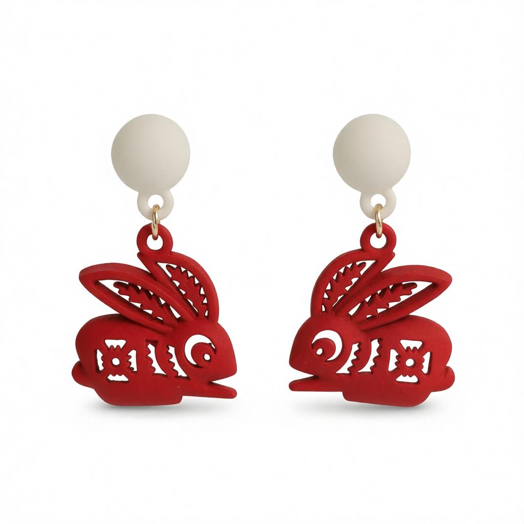 Red Enamel and Silver-Plated Abstract Rabbit Drop Earrings, silver drop earrings for women, botanical inspired, side view