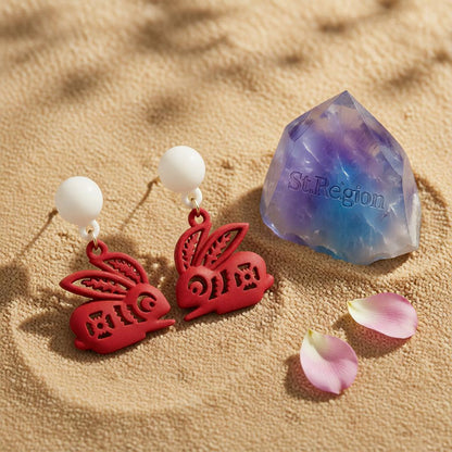 Red Enamel and Silver-Plated Abstract Rabbit Drop Earrings, silver drop earrings for women, detail close-up