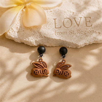 Coffee Enamel & Silver-Plated Rabbit Drop Earrings