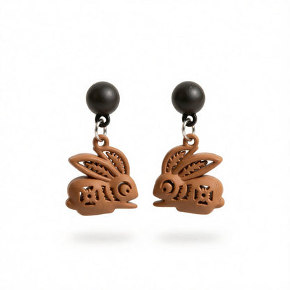 Coffee Enamel & Silver-Plated Rabbit Drop Earrings