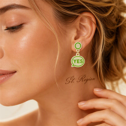 Green Acrylic and 18K Gold-Plated 'Yes' and 'No' Drop Earrings, gold drop earrings for women, everyday style, styled look
