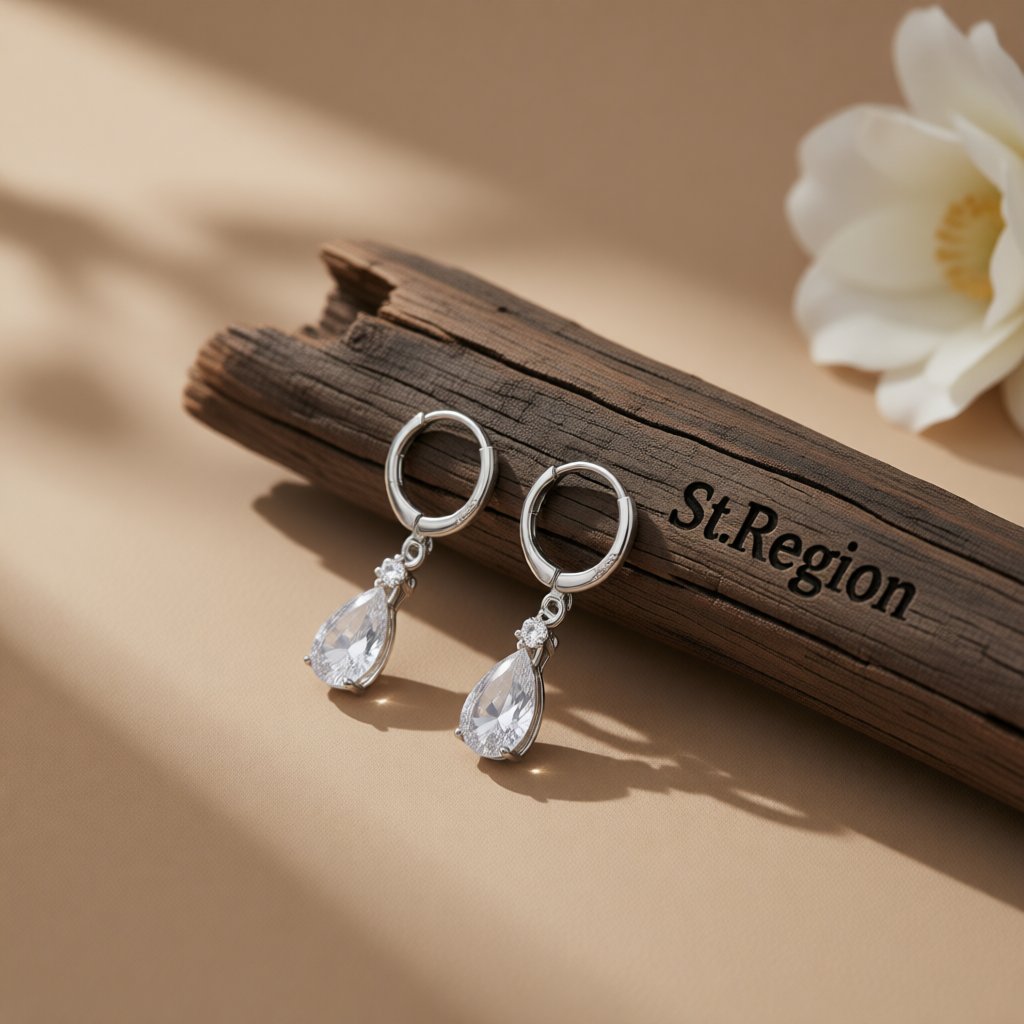 Cubic Zirconia and Crystal Drop Huggie Earrings, huggie earrings, botanical inspired, front view