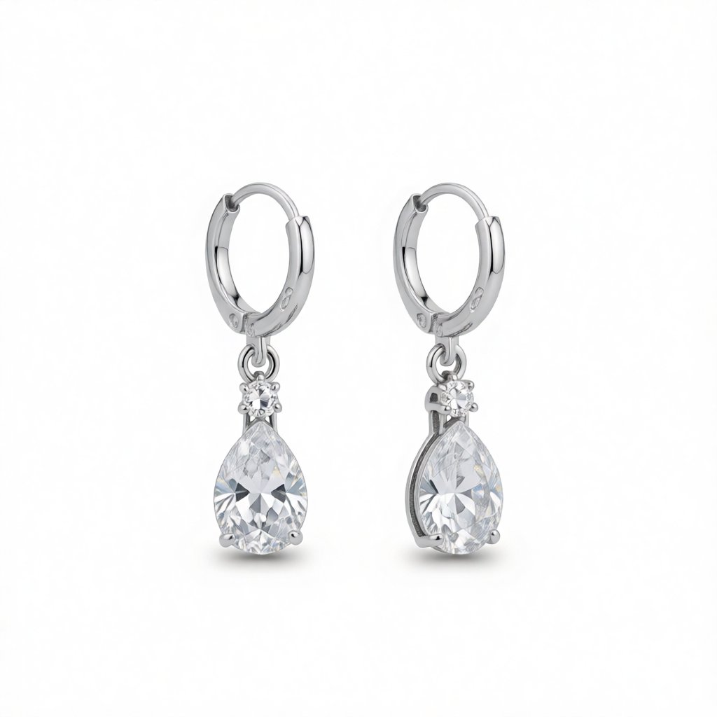 Cubic Zirconia and Crystal Drop Huggie Earrings, huggie earrings, botanical inspired, side view
