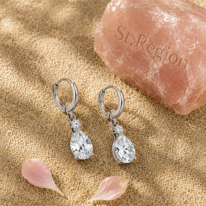 Cubic Zirconia and Crystal Drop Huggie Earrings, huggie earrings, botanical inspired, detail close-up