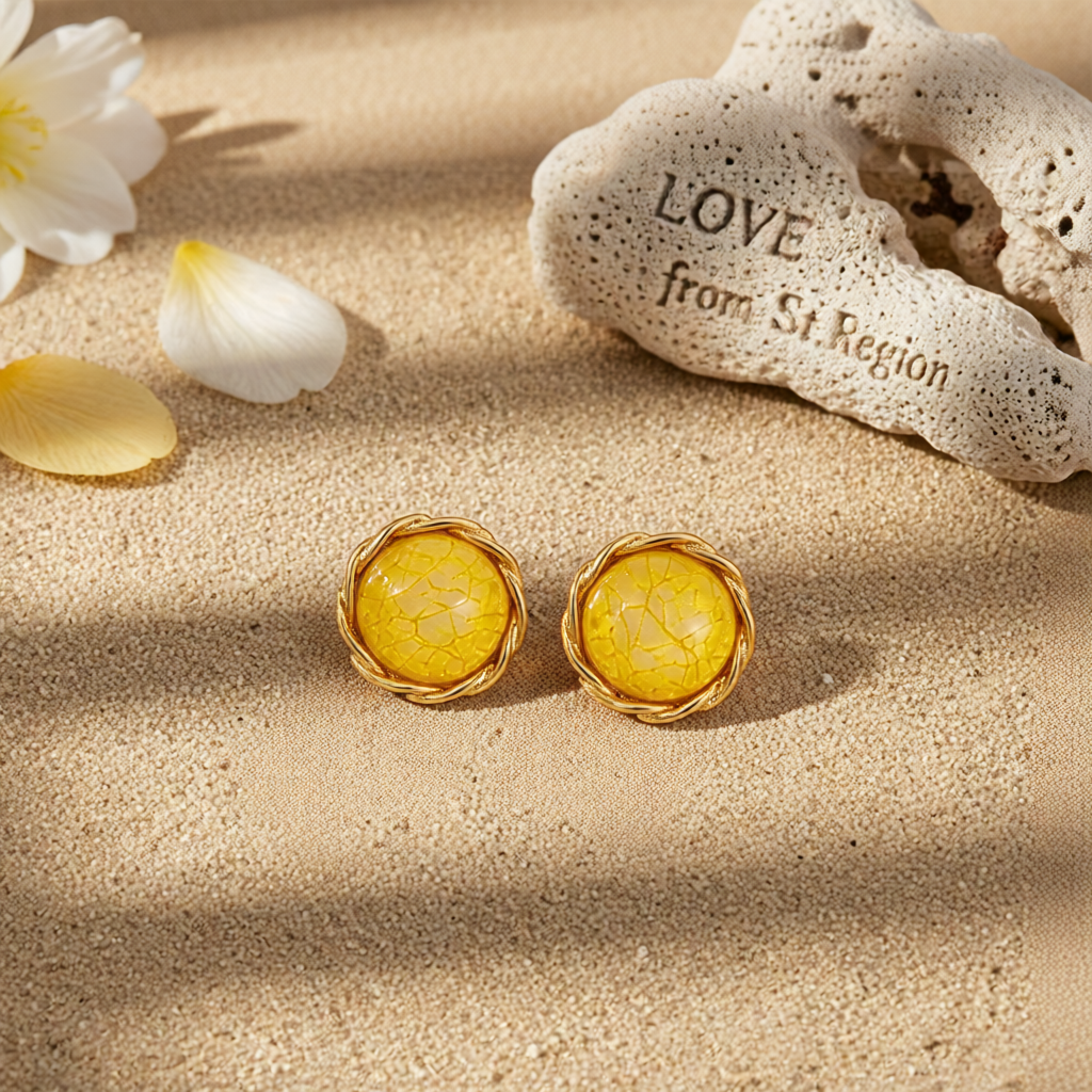 Yellow Resin & 18K Gold-Plated Twisted-Trim Round Stud Earrings