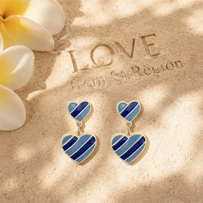 Blue Enamel and Silver-Plated Stripped Double Heart Drop Earrings, silver drop earrings for women, lifestyle look