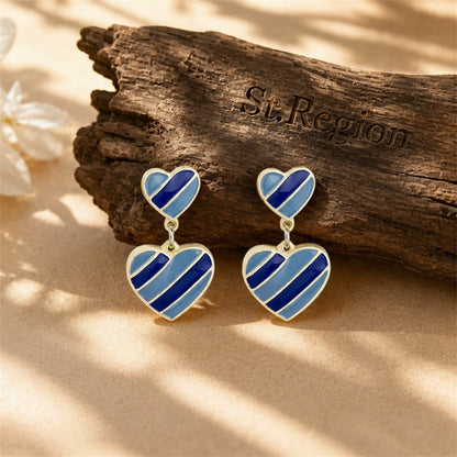 Blue Enamel and Silver-Plated Stripped Double Heart Drop Earrings, silver drop earrings for women, front view