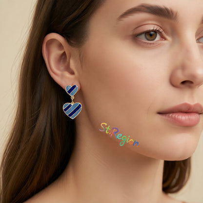 Blue Enamel and Silver-Plated Stripped Double Heart Drop Earrings, silver drop earrings for women, styled look