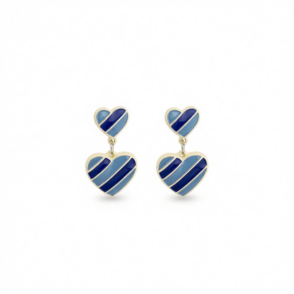 Blue Enamel and Silver-Plated Stripped Double Heart Drop Earrings, silver drop earrings for women, side view