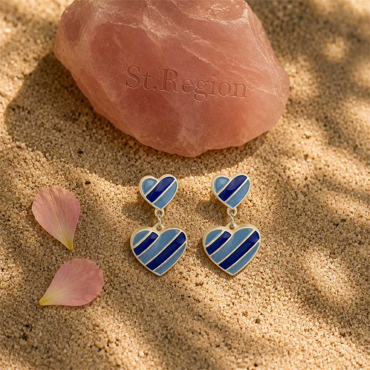 Blue Enamel and Silver-Plated Stripped Double Heart Drop Earrings, silver drop earrings for women, detail close-up