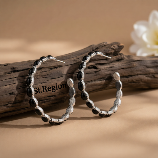 Black Resin & Silver-Plated Oval-Cut Hoop Earrings