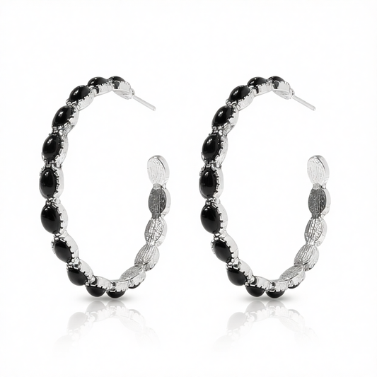 Black Resin & Silver-Plated Oval-Cut Hoop Earrings