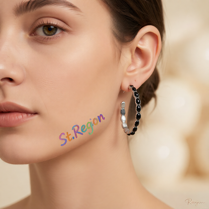 Black Resin & Silver-Plated Oval-Cut Hoop Earrings