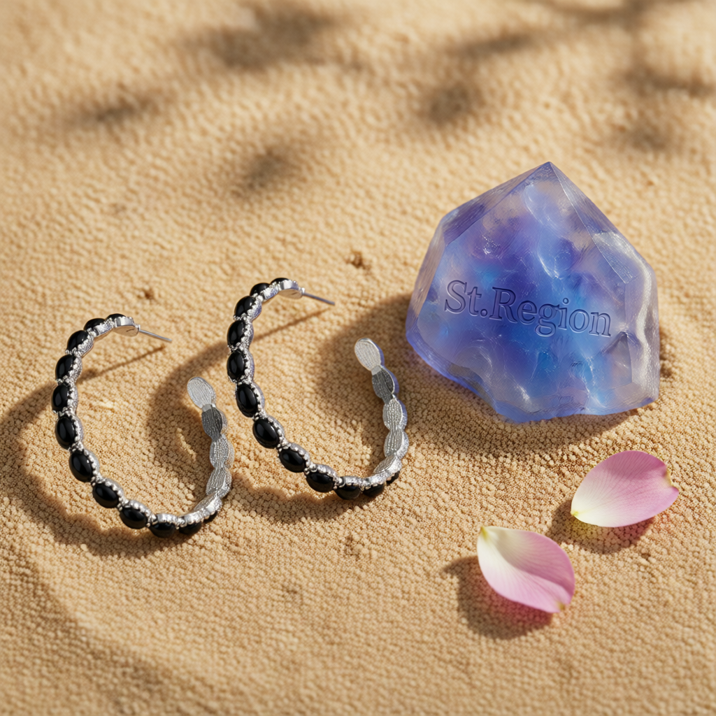 Black Resin & Silver-Plated Oval-Cut Hoop Earrings