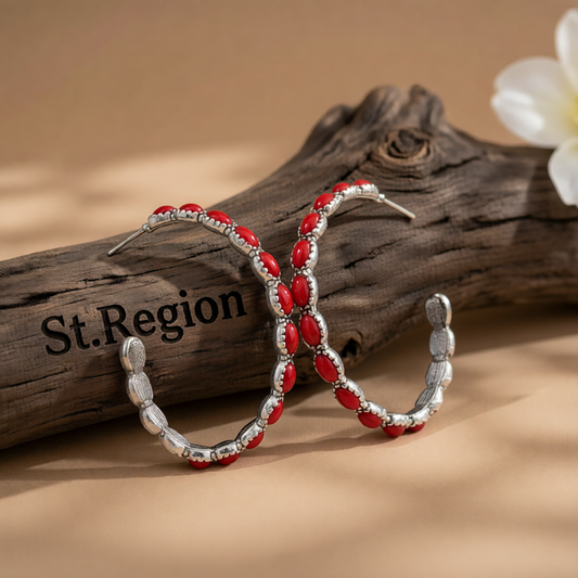 Red Turquoise & Silver-Plated Oval-Cut Hoop Earrings