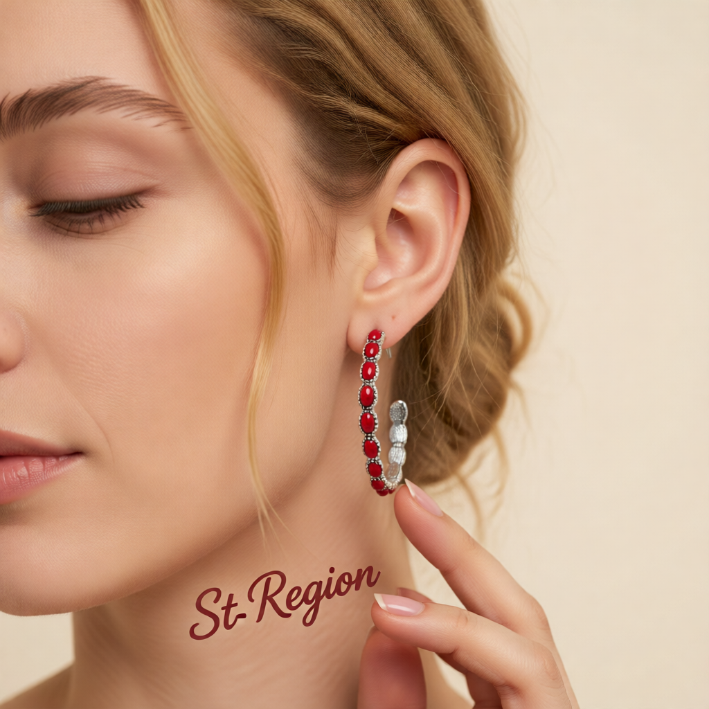 Red Turquoise & Silver-Plated Oval-Cut Hoop Earrings