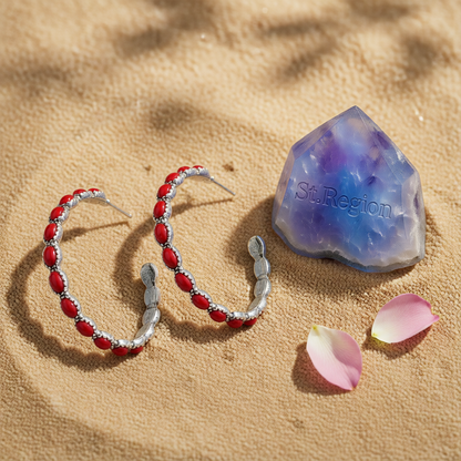 Red Turquoise & Silver-Plated Oval-Cut Hoop Earrings