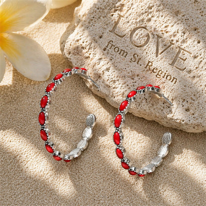Red Turquoise & Silver-Plated Oval-Cut Hoop Earrings