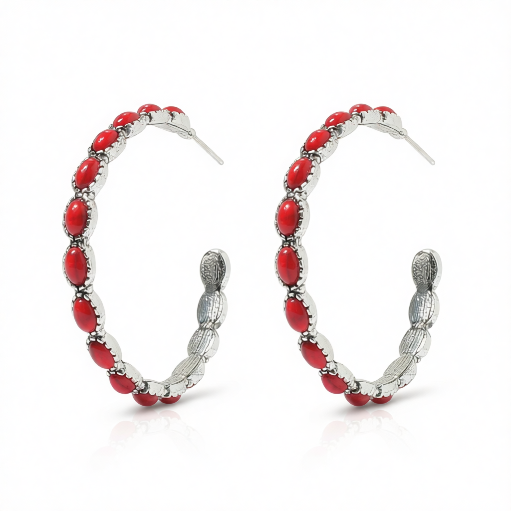Red Turquoise & Silver-Plated Oval-Cut Hoop Earrings